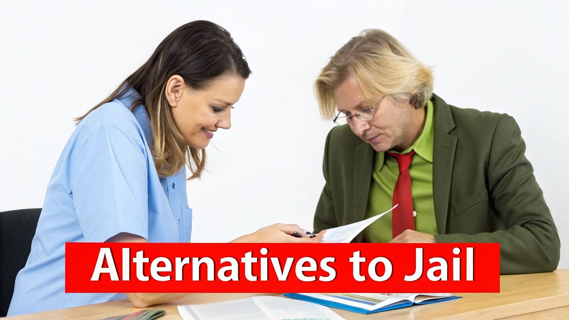 Two individuals, a woman and a man, review papers on a wooden desk. A banner reads 'Alternatives to Jail'.