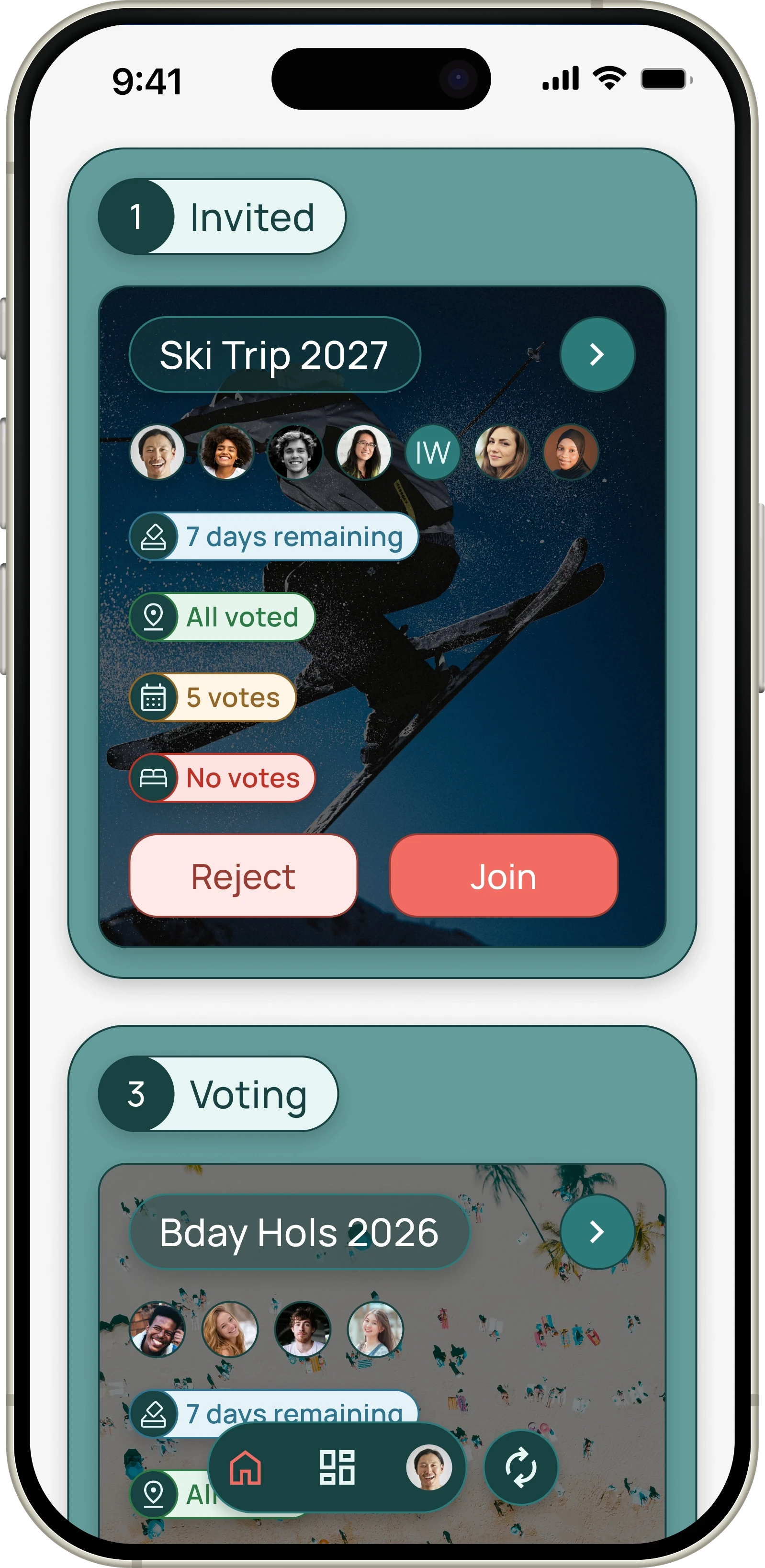 Jaunt home screen showing an invite to Ski Trip 2027 and trips being voted on