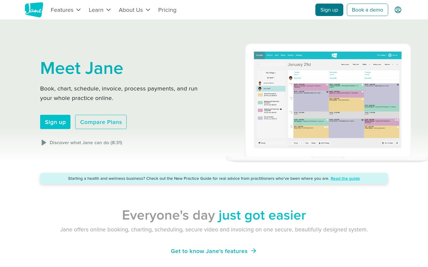 Jane App homepage screenshot
