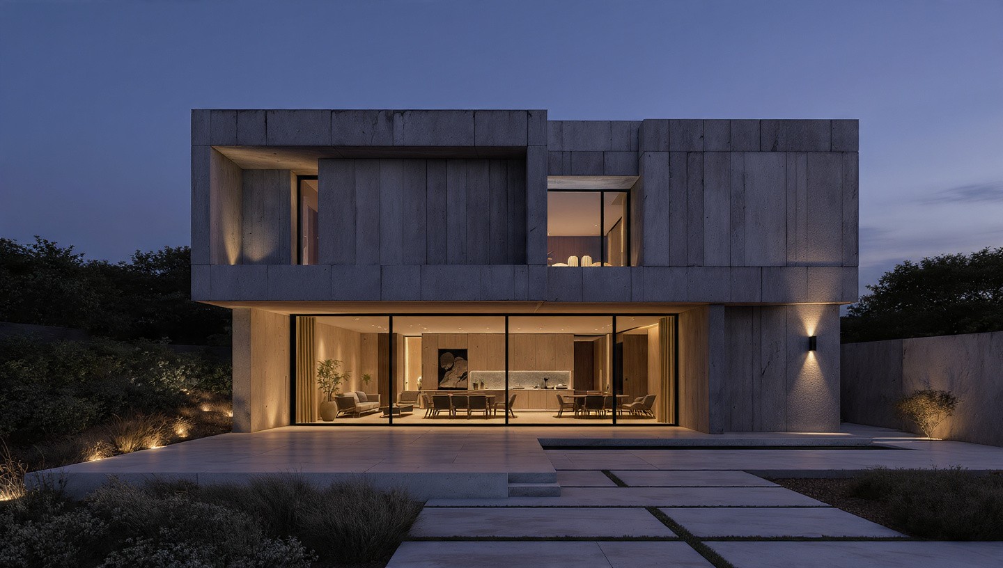 Modern two-story concrete house at dusk, large glass doors reveal warmly lit interior; minimalistic design with clean lines and a serene atmosphere.