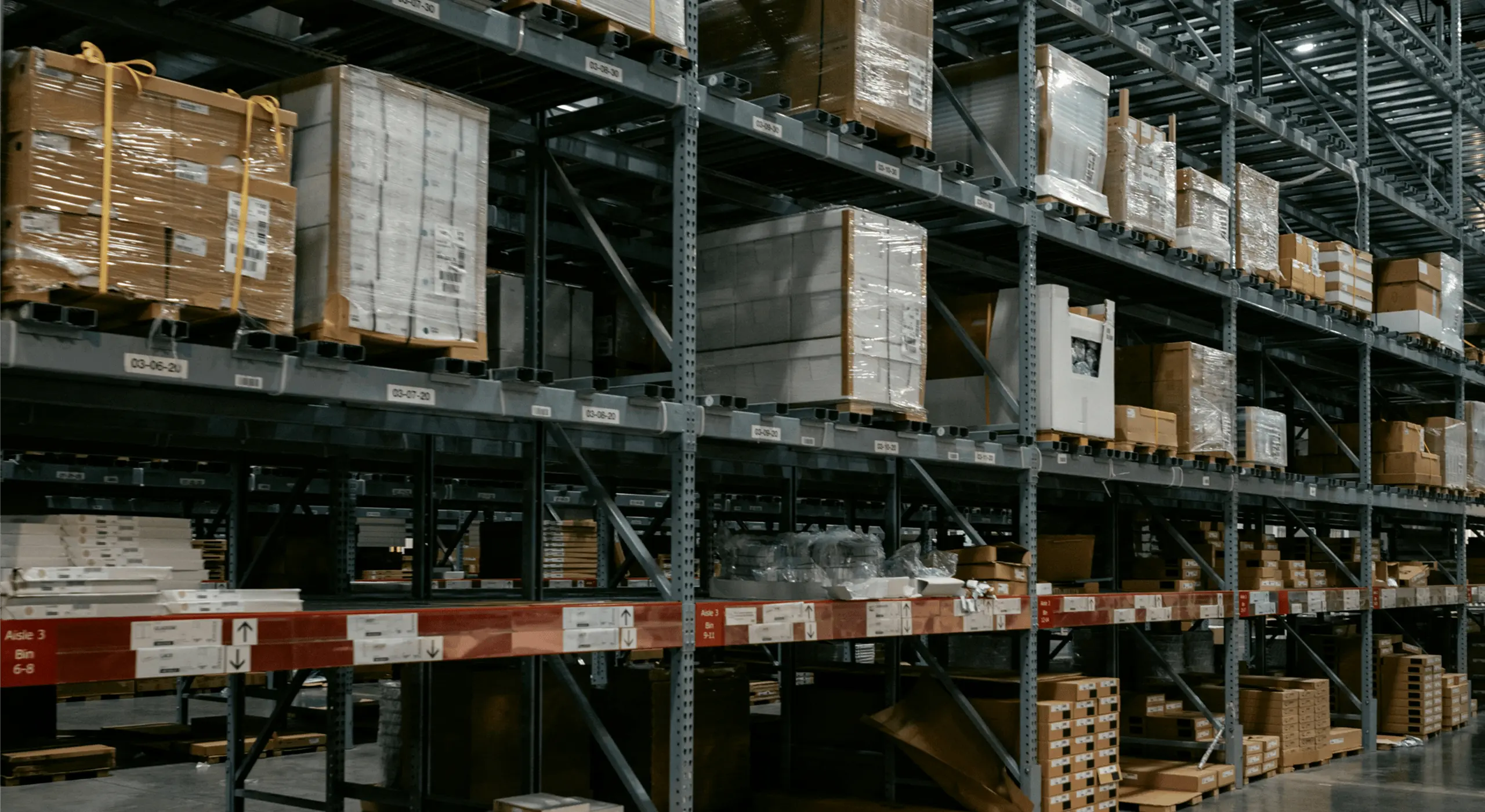 Industrial warehouse shelving and inventory.