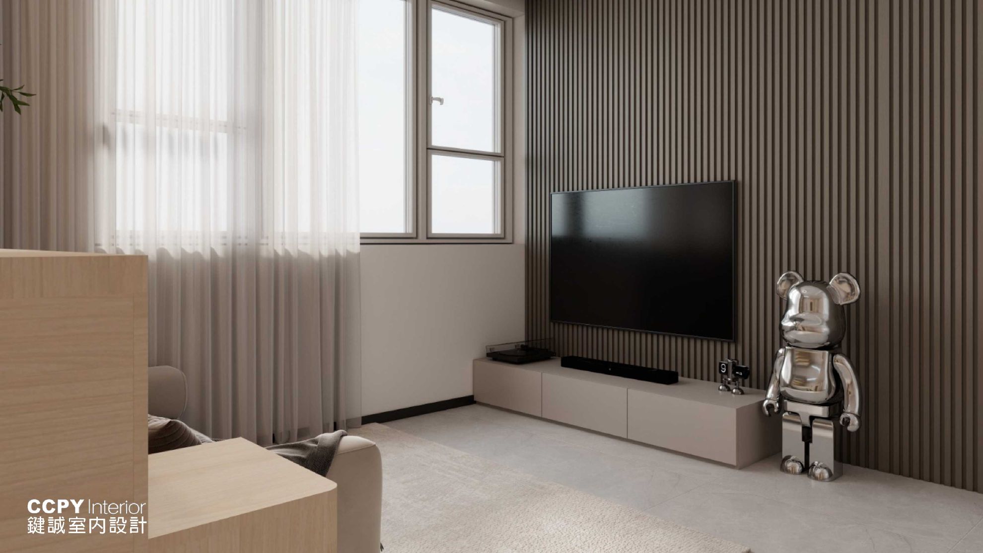 Modern living room with TV and bear sculpture.