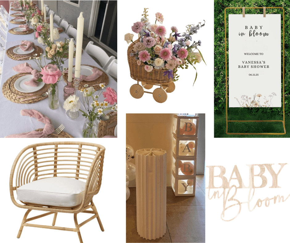 Baby shower balloon arch with a cake stand. The balloons are in 7 inch and 5 inch sizing and colors green, gold and white.