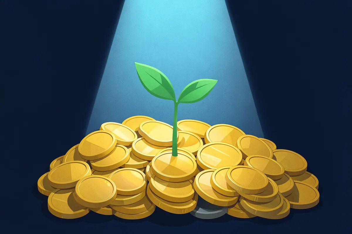 A plant sprouting from a pile of coins, symbolizing financial growth.