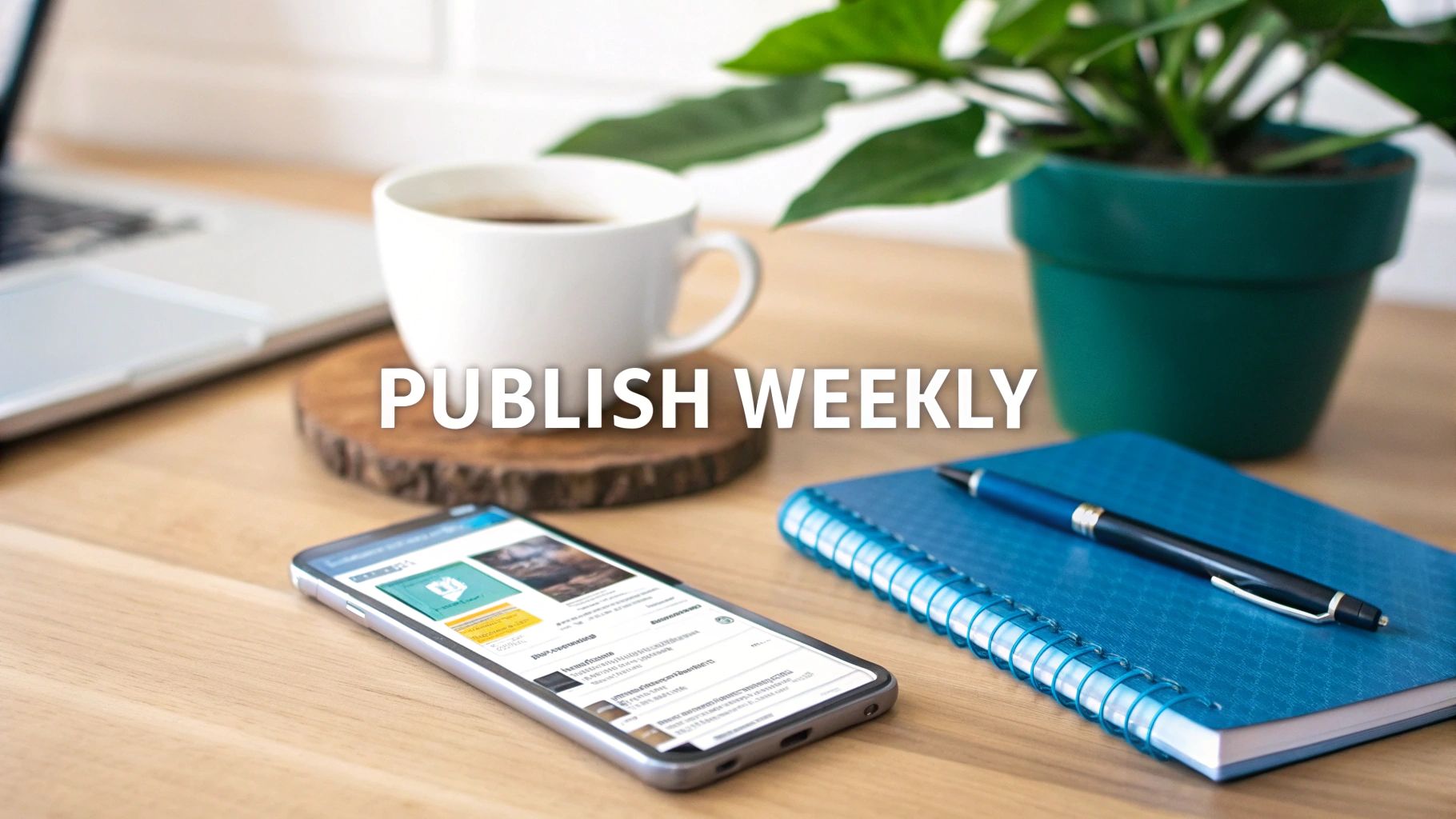 A productivity workspace featuring a laptop, coffee, smartphone displaying content, a notebook, pen, and plant with 'PUBLISH WEEKLY' text overlay.