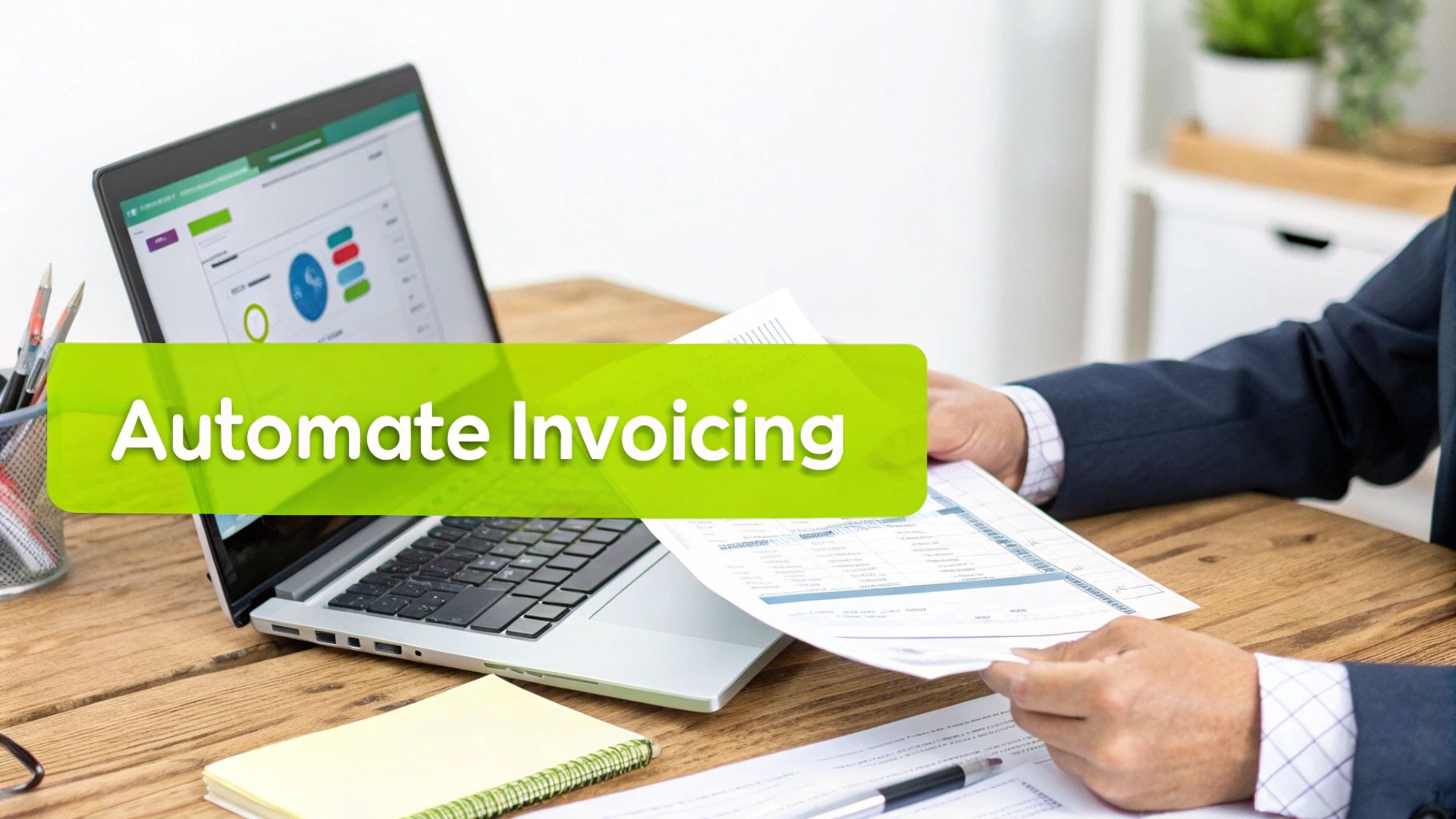 A person reviews documents and a laptop displaying charts, with 'Automate Invoicing' text.