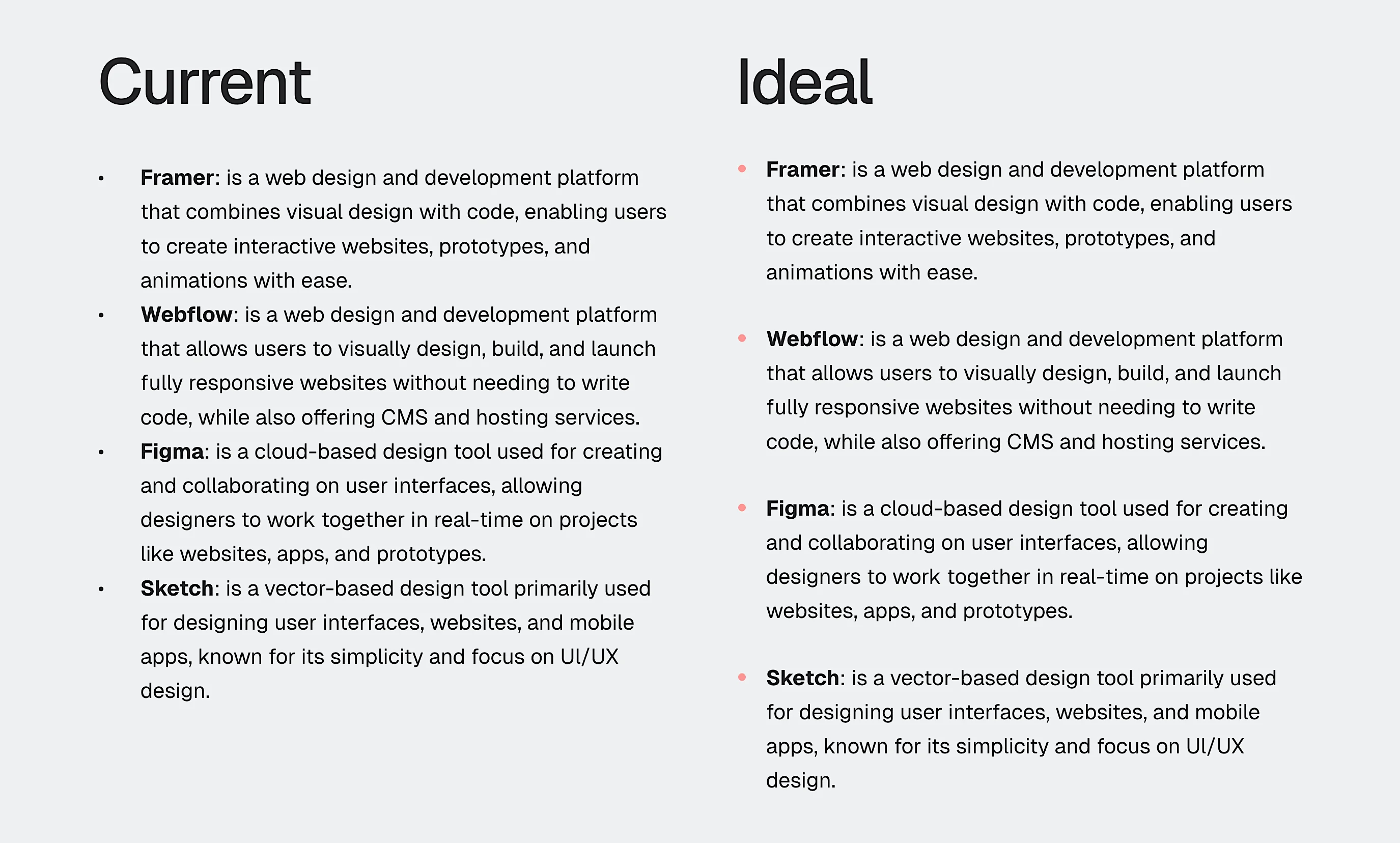 Example of current bullet point layout and an impoved version where you can control indent, line spacing and colour