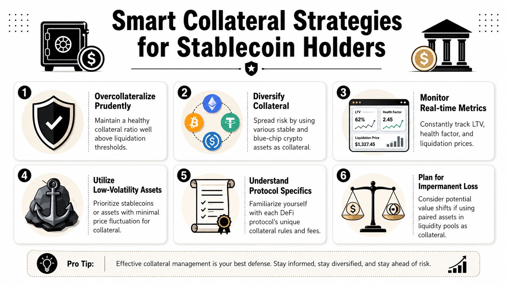 An infographic titled Smart Collateral Strategies for Stablecoin Holders displaying six key financial risk management tips.