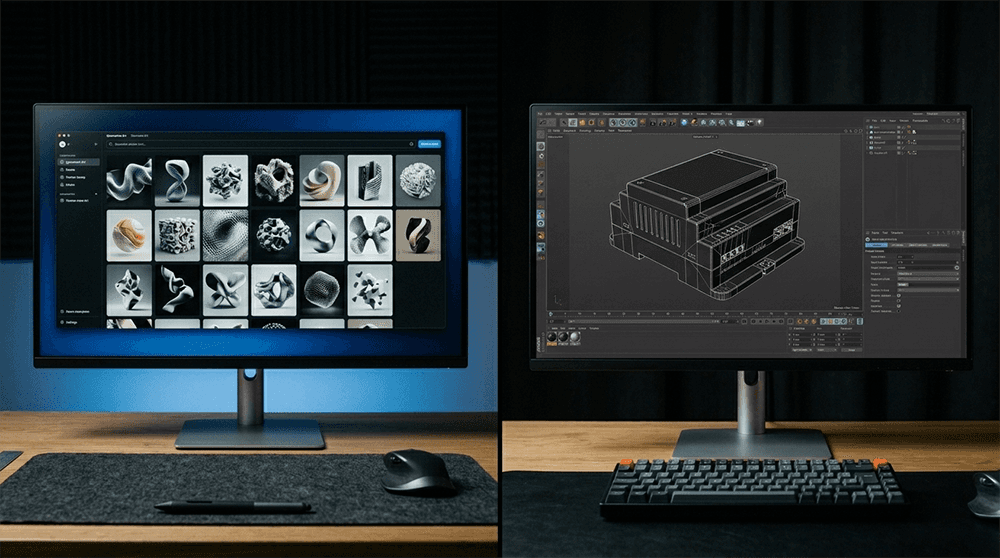 Zwei Monitore nebeneinander: Links ein KI-Bildgenerator mit abstrakt generierten 3D-Formen, rechts ein Cinema 4D Viewport mit dem präzisen 3D-Modell eines industriellen Steuergeräts.