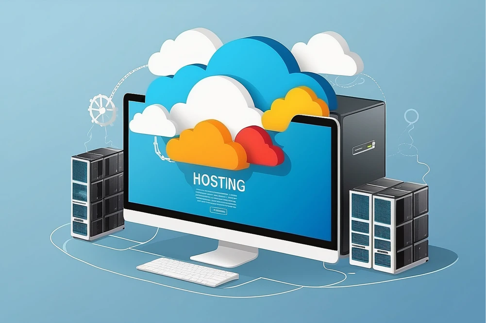 Ilustrasi hosting yang menunjukkan komputer desktop di tengah dengan ikon awan berwarna biru, kuning, dan oranye, serta server fisik di kedua sisi. Gambar ini menggambarkan konsep cloud hosting sebagai tempat penyimpanan file dan data website, yang diibaratkan seperti tanah tempat sebuah rumah berdiri untuk memastikan aksesibilitas website.