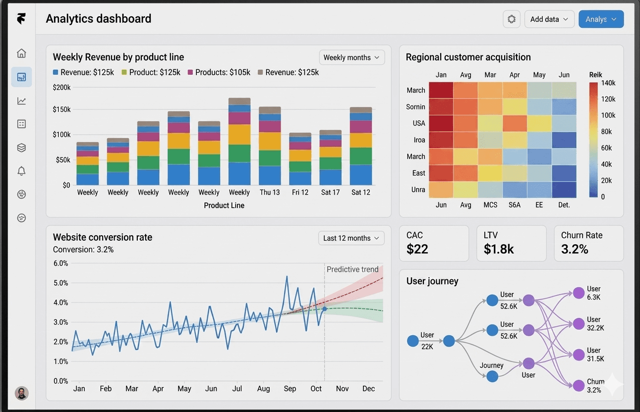 Business dashboard showing revenue, deals, customer list, growth chart, and new activity.