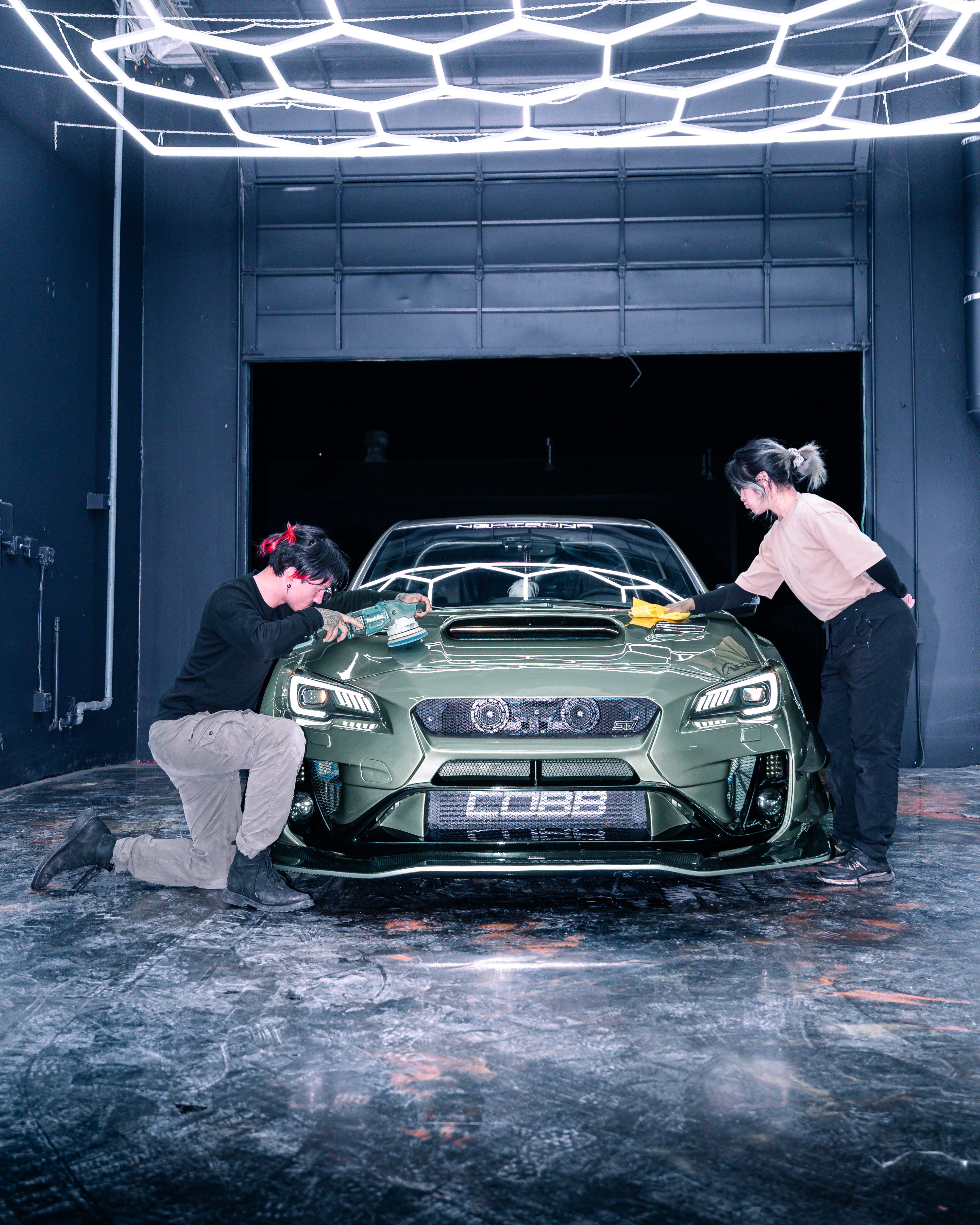 Icon Rocklear permanent paint protection on a sage green Subaru WRX STI, direct front view, Dragon Auto Milpitas