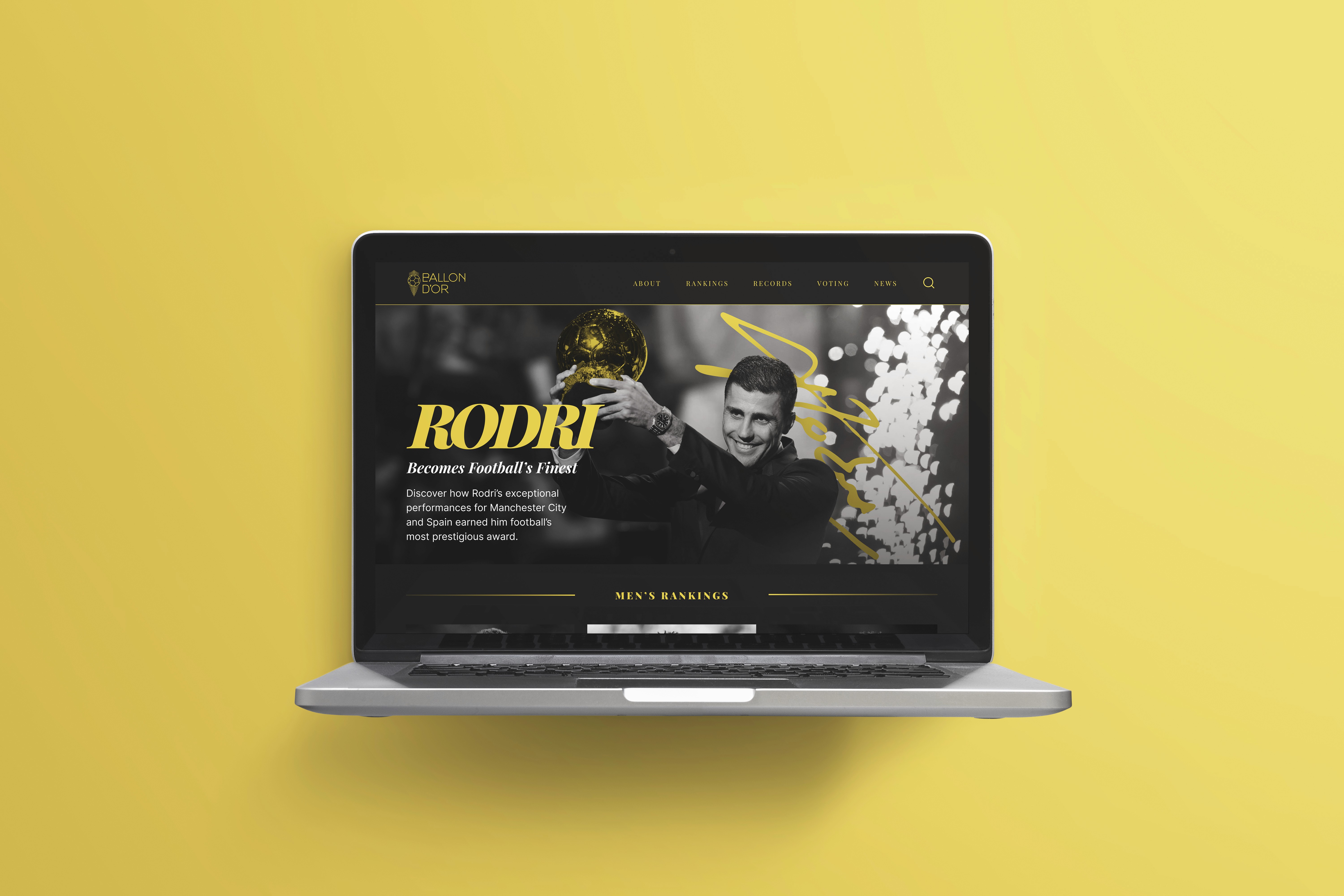 Macbook showing the landing page for a Ballon d'Or website with Rodri