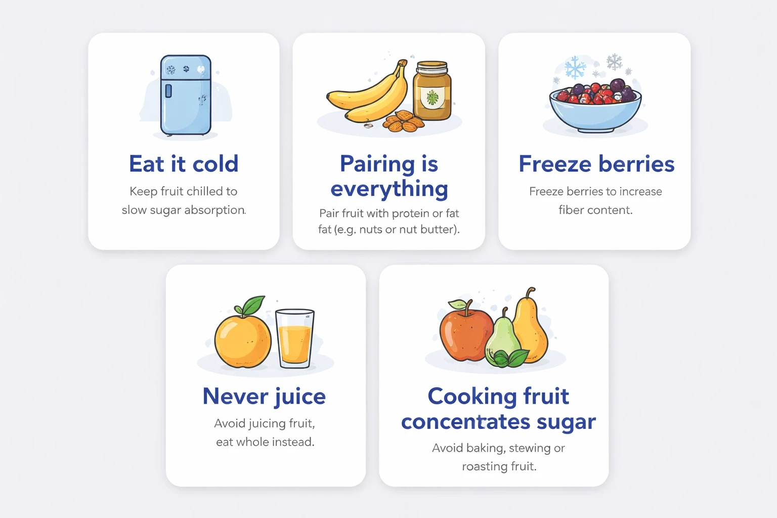 A series of modern minimalist cards on a light gray #efefef background, each card with rounded corners and #3b82f6 accent headings and icons, illustrating PCOS-friendly fruit preparation hacks such as eating fruit cold, pairing banana with almond butter, freezing berries, avoiding juice, and cooking fruit, with clean typography and subtle shadows.