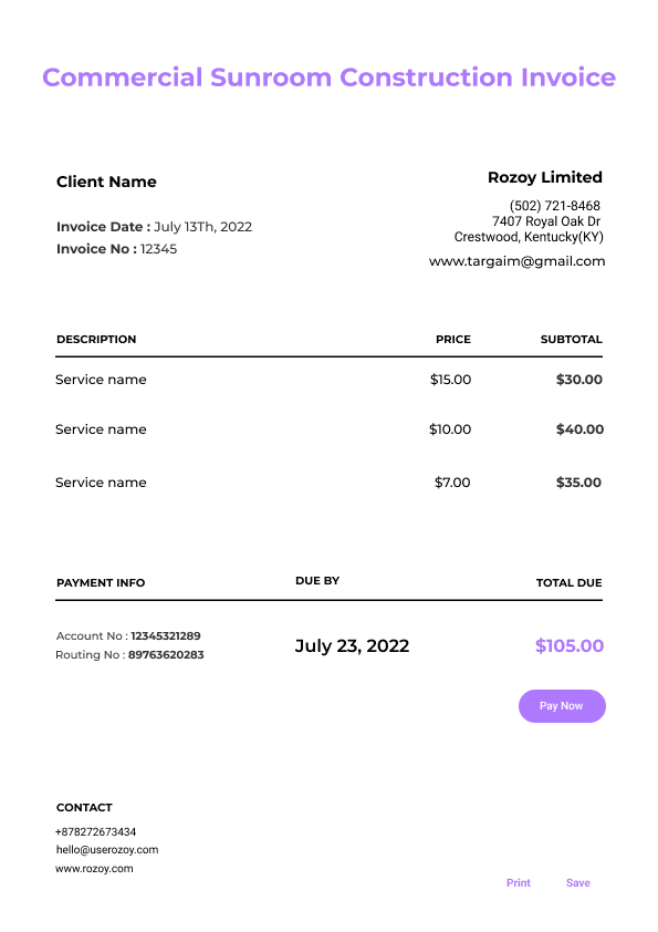 Commercial Sunroom Construction Invoice