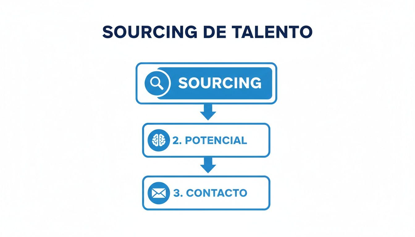 Diagrama de flujo para el sourcing de talento, detallando los pasos de búsqueda, identificación de potencial y contacto.