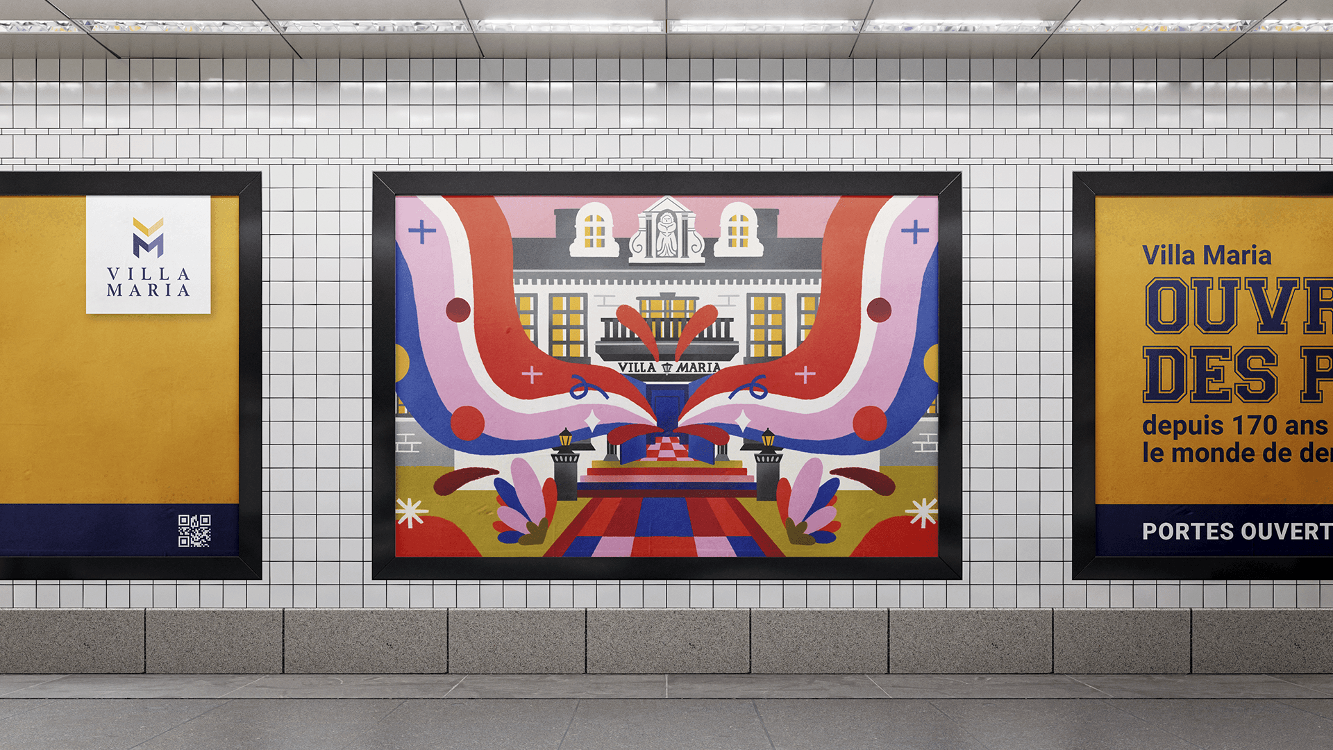 Streetside billboard with flyposters of the Batch.Works brand and illustrations