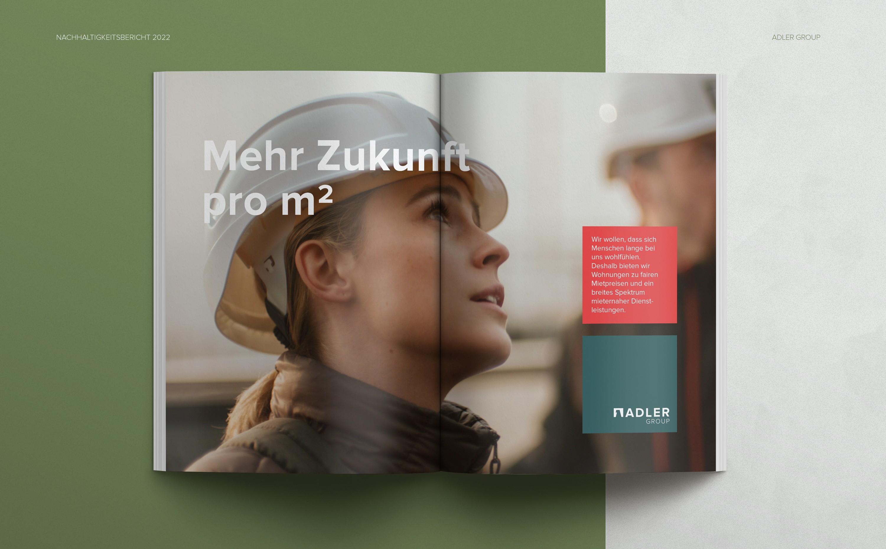 Doppelseite aus dem Nachhaltigkeitsbericht der Adler Group – reduziertes, typografisch fein abgestimmtes Layout