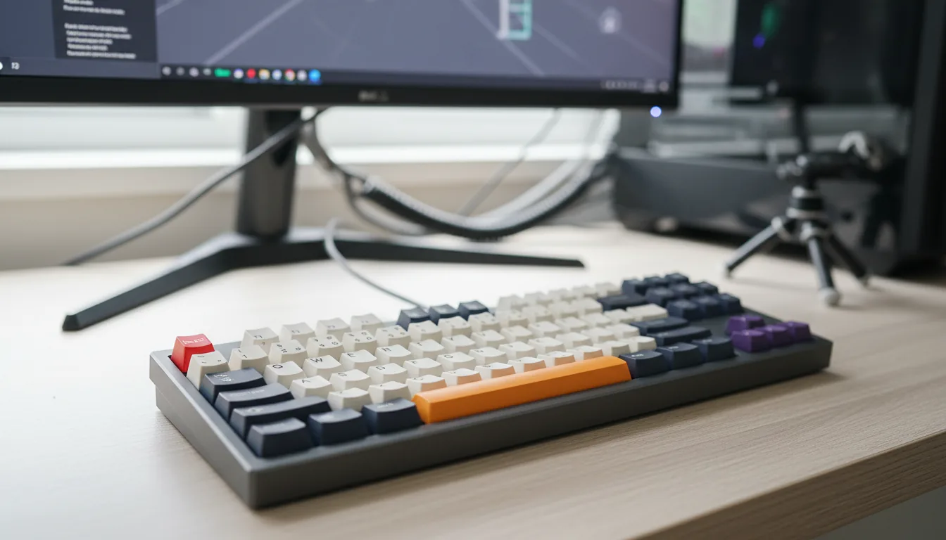 DSLR photograph of a custom mechanical keyboard on a light wood grain desk, part of a high-performance AutoCAD PC workstation. The keyboard is in sharp focus, featuring a dark grey chassis and multicolored keycaps with gradients of tan, blue, and purple, plus a prominent orange spacebar and a red escape key. The scene is illuminated by soft, natural daylight. A shallow depth of field creates a strong bokeh background, blurring a large computer monitor, tangled cables, and a small tripod.