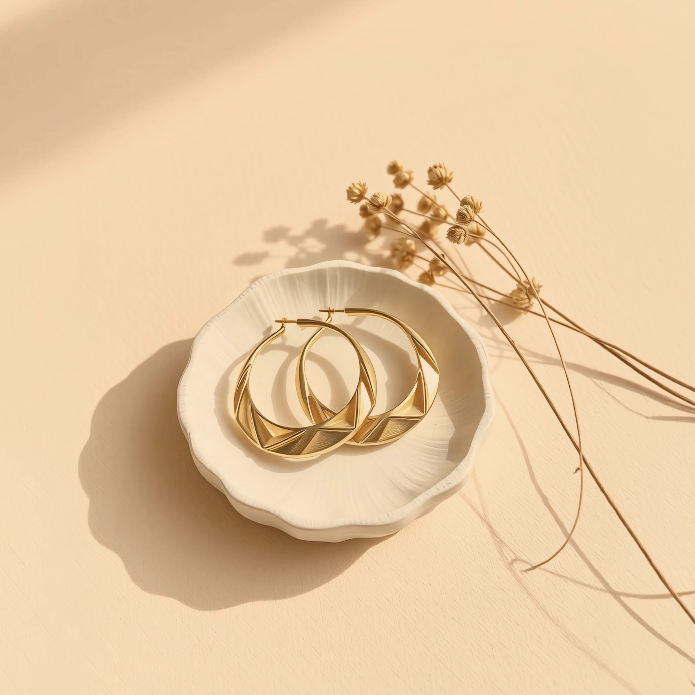 Gold Hoop Earrings on Ceramic Dish
