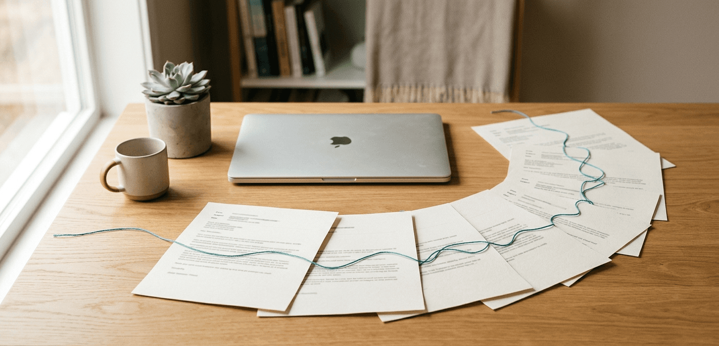 Laptop on a clean desk with printed email threads fanned out beside it connected by a teal thread