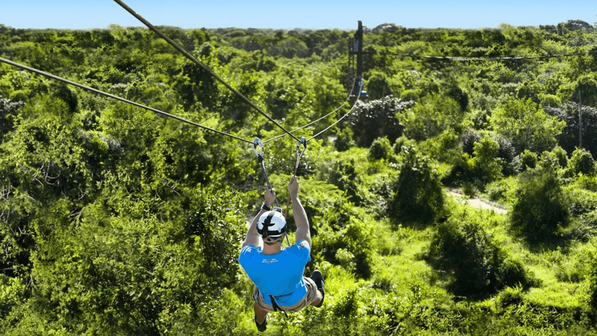 Person riding a zipline high above a dense green jungle canopy.