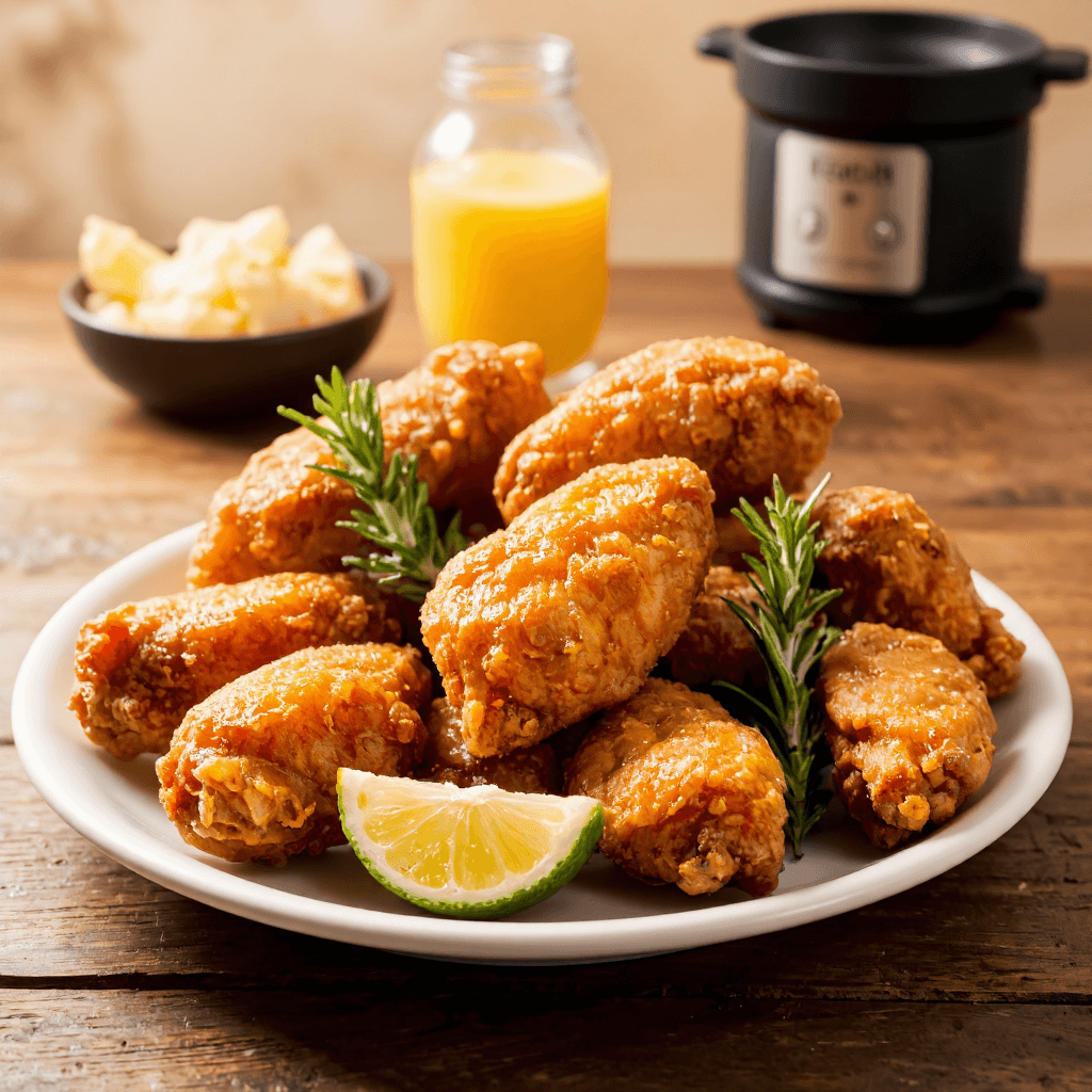 product photography of a plate of fried chicken pieces