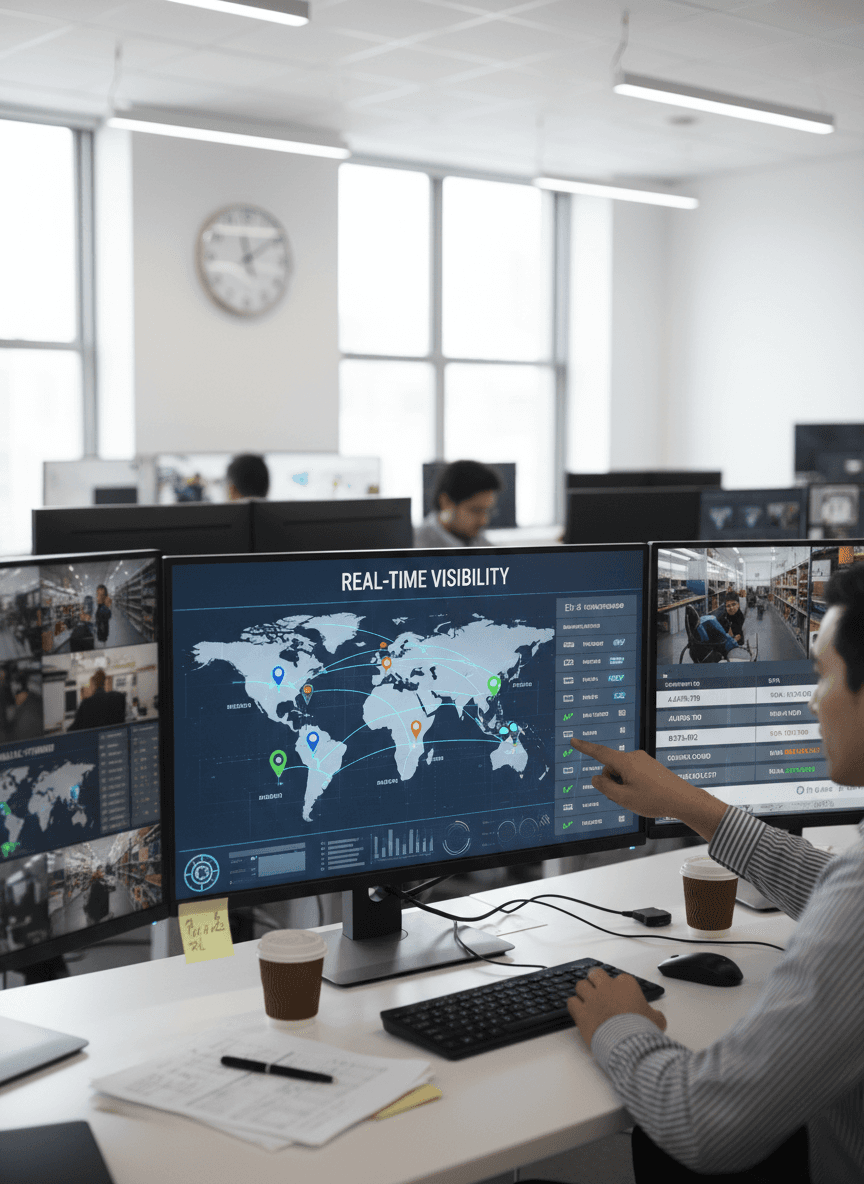 “Real-time supply chain visibility dashboard with live shipment tracking, GPS fleet locations, and delivery status updates.”
