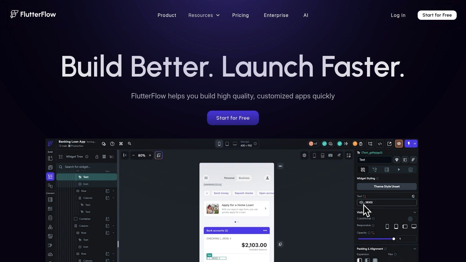FlutterFlow visual AI app builder with page generation and code export features
