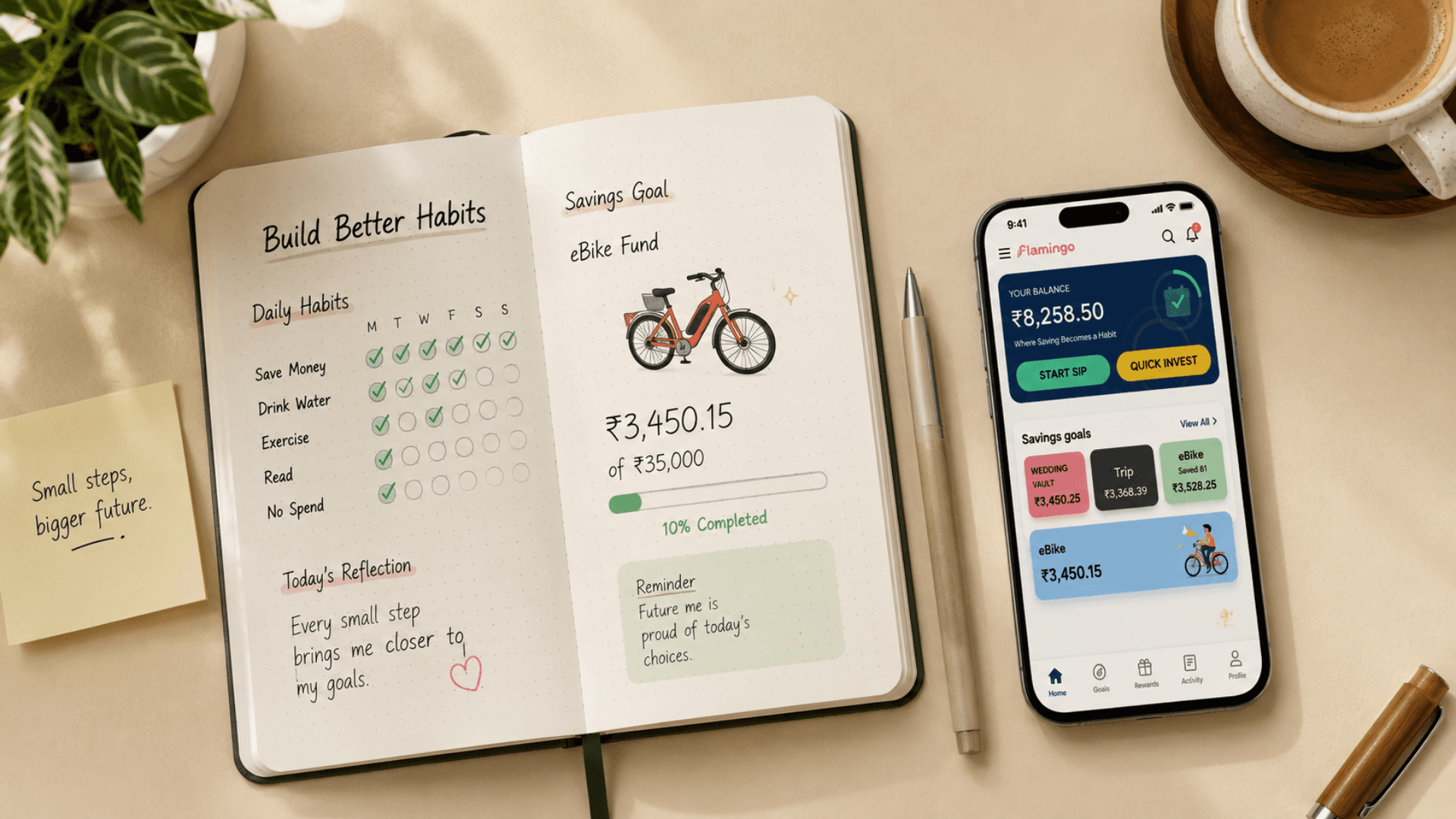                   Habit tracker and savings app showing daily progress toward a goal. 