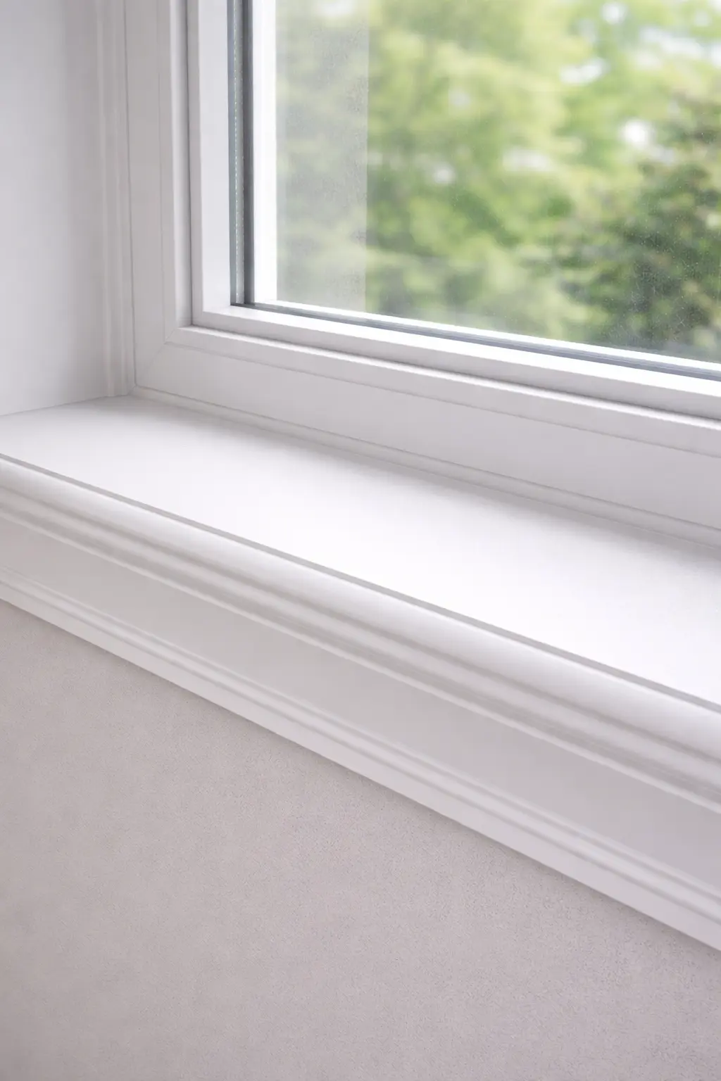 Deeply cleaned interior window sill and white wooden casing with a streak-free glass pane looking out to greenery.