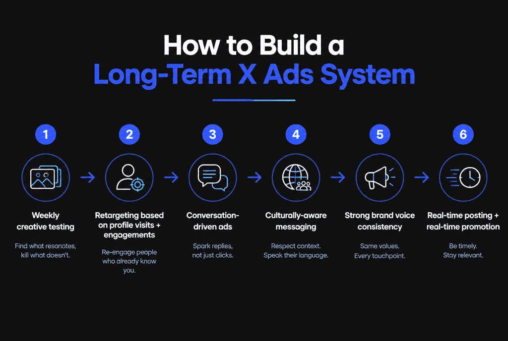 Infographic of a long-term X Ads system: weekly creative testing, retargeting, conversation-driven ads, culturally aware messaging, brand voice and real-time promotion