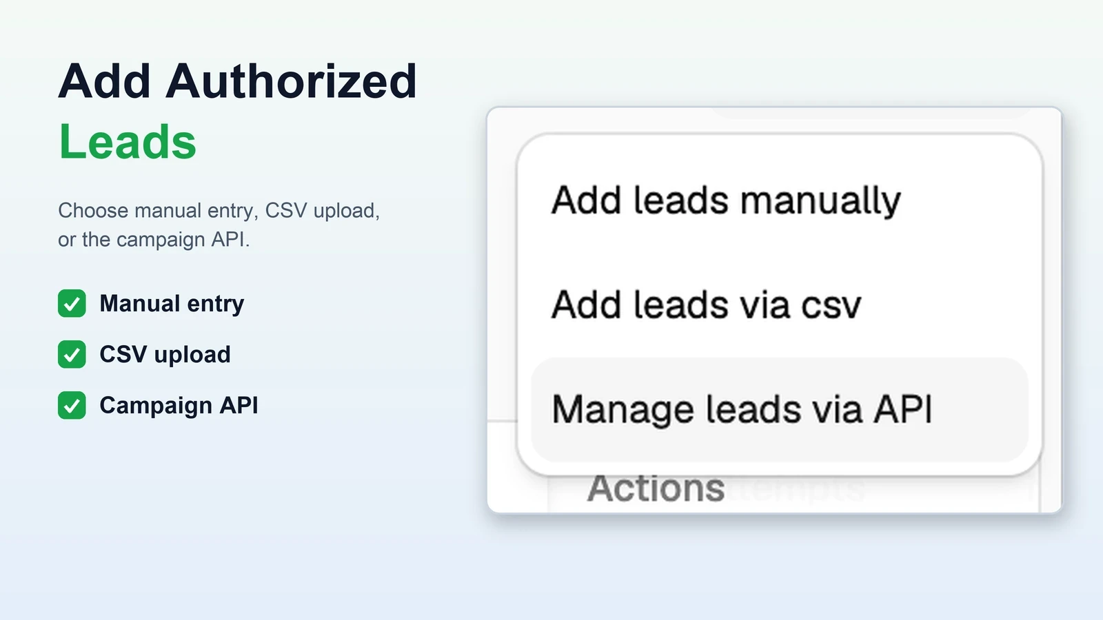 VoiceAIWrapper Add leads menu with manual entry, CSV upload, and API management options for an outbound campaign.