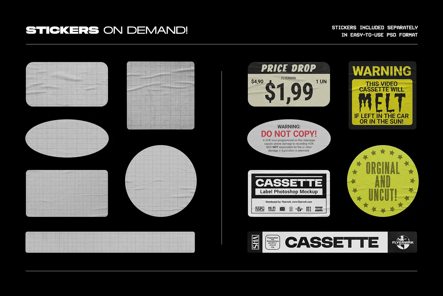 Vintage VHS cassette tape mockup sticker elements and label graphics
