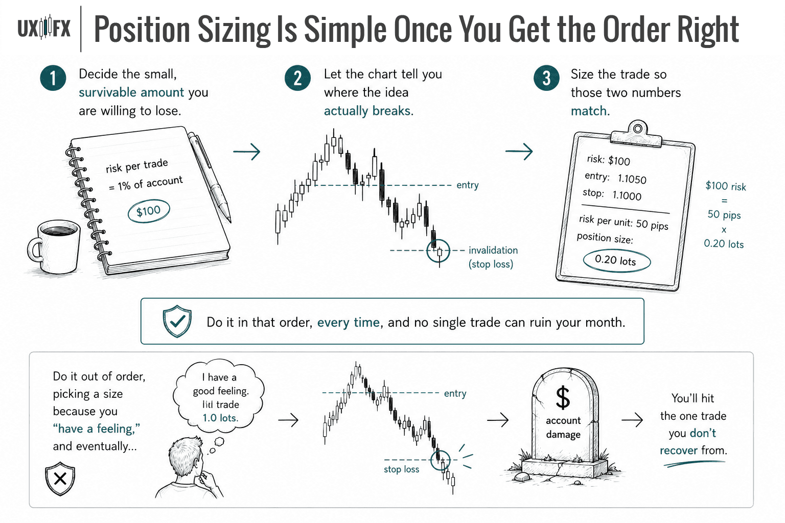 Educational infographic explaining the correct order for position sizing in trading. Three steps show how to choose a fixed dollar risk, identify the chart level that invalidates the trade idea, and calculate position size to match that risk. A contrasting example below illustrates the danger of choosing position size based on emotion instead of process, emphasizing that consistent risk management protects traders from a single loss causing significant account damage.