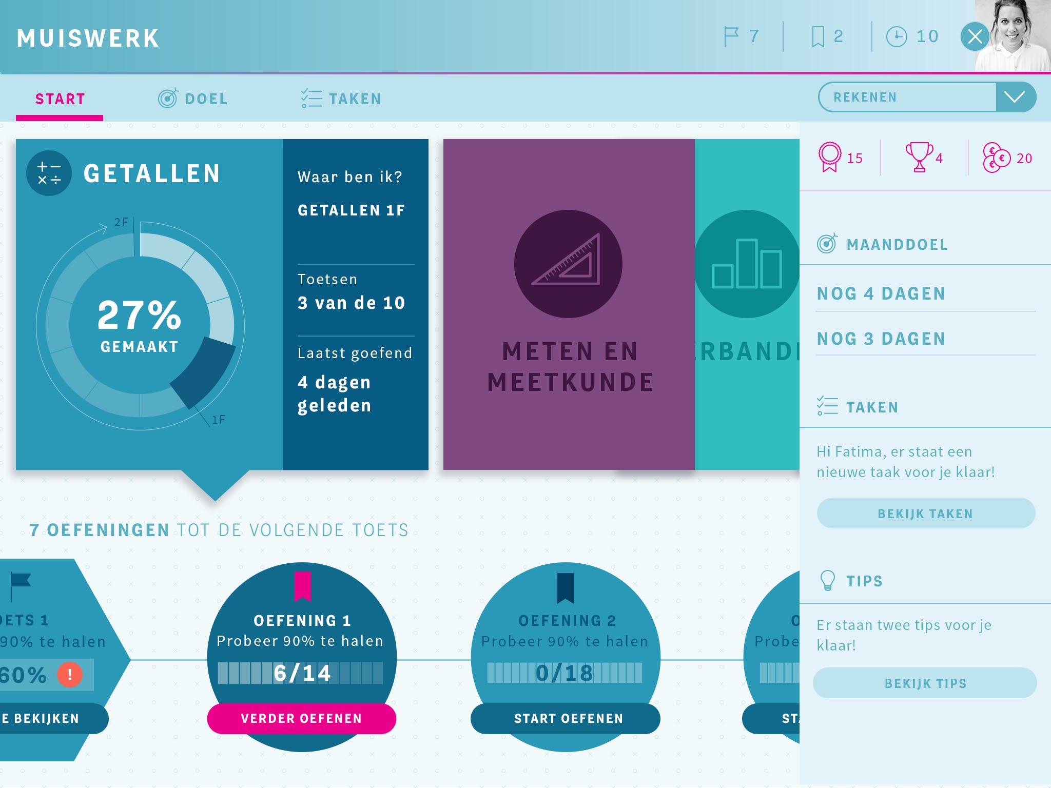 Het startscherm uit de Numo omgeving voor leerlingen.