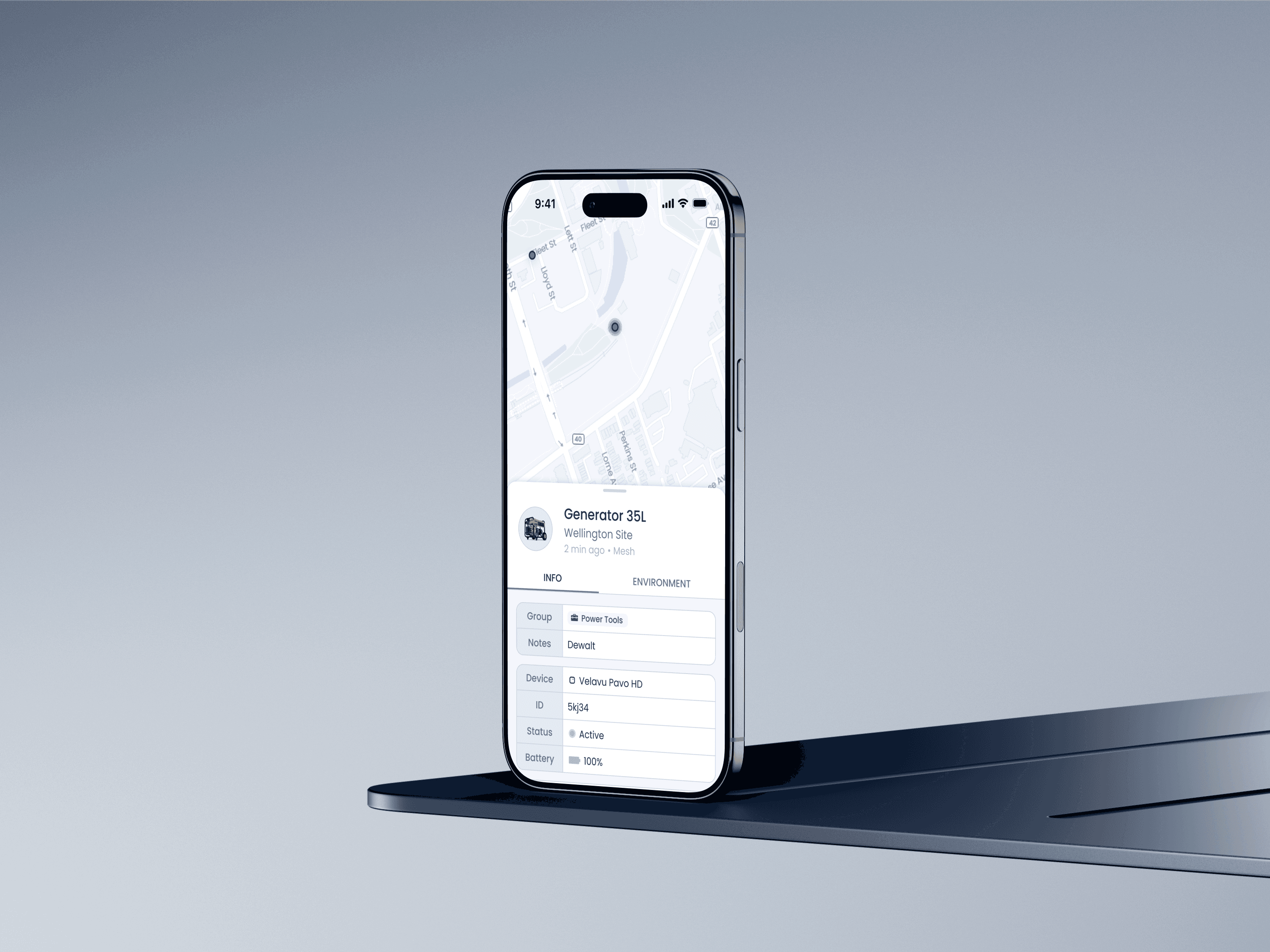 Velavu mobile app showing the real-time location of an asset on a map