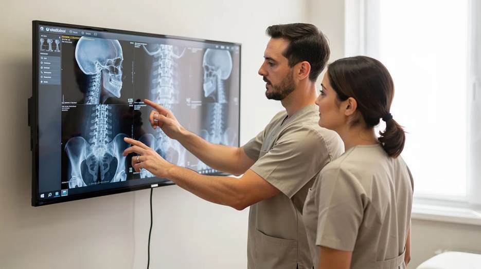 A chiropractor reviewing digital motion X-ray imaging with a patient