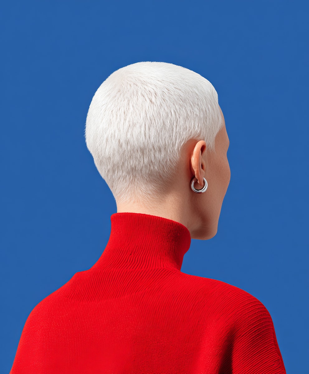 White bald head woman in blue background