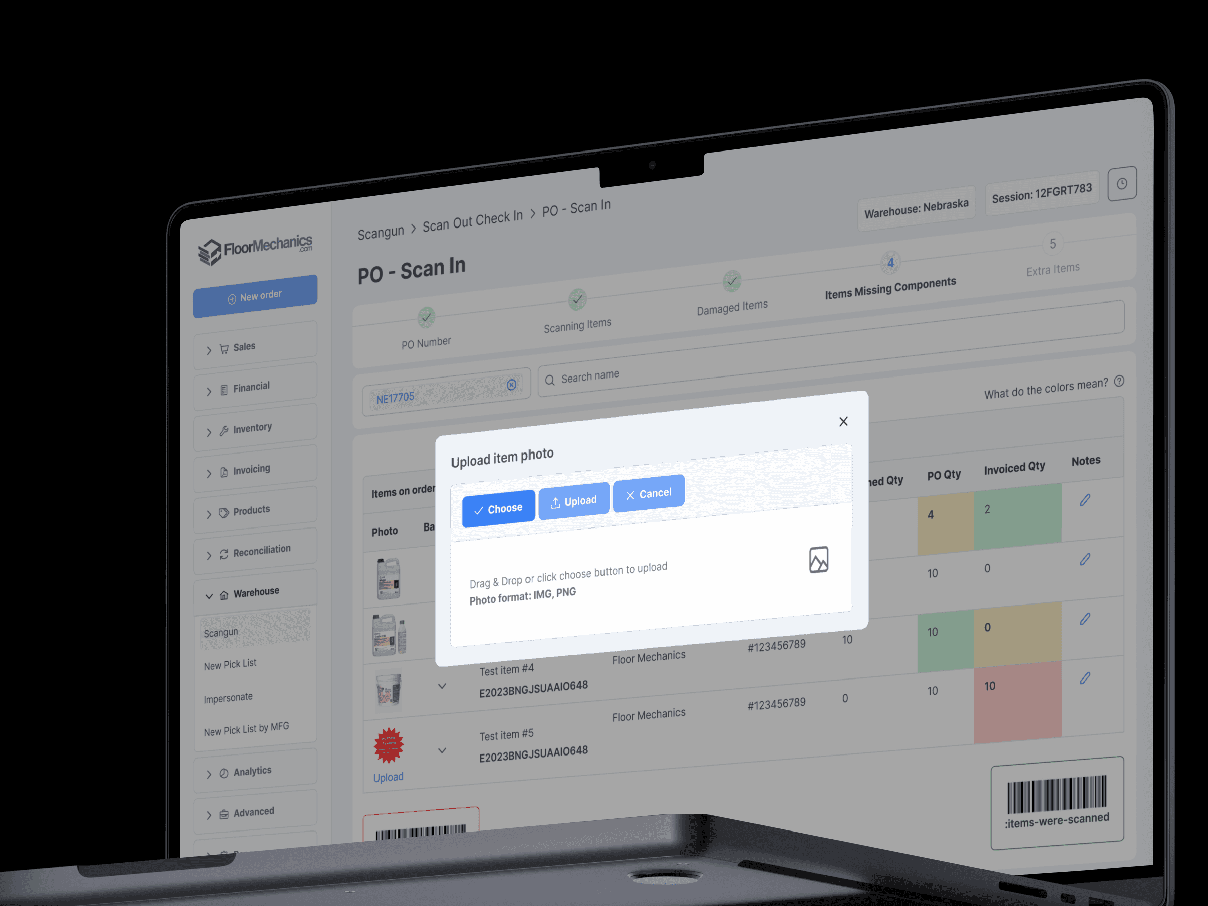 На экране ноутбука отображается интерфейс программы для сканирования заказов на поставку. По центру находится всплывающее окно для загрузки фотографий товаров с возможностью выбора и загрузки файлов. На левой боковой панели расположены пункты меню, включая «Продажи», «Финансы» и «Склад». На главном экране в табличном формате отображаются детали заказа со столбцами для номера заказа, названия товара и количества. Общий стиль — профессиональный и функциональный