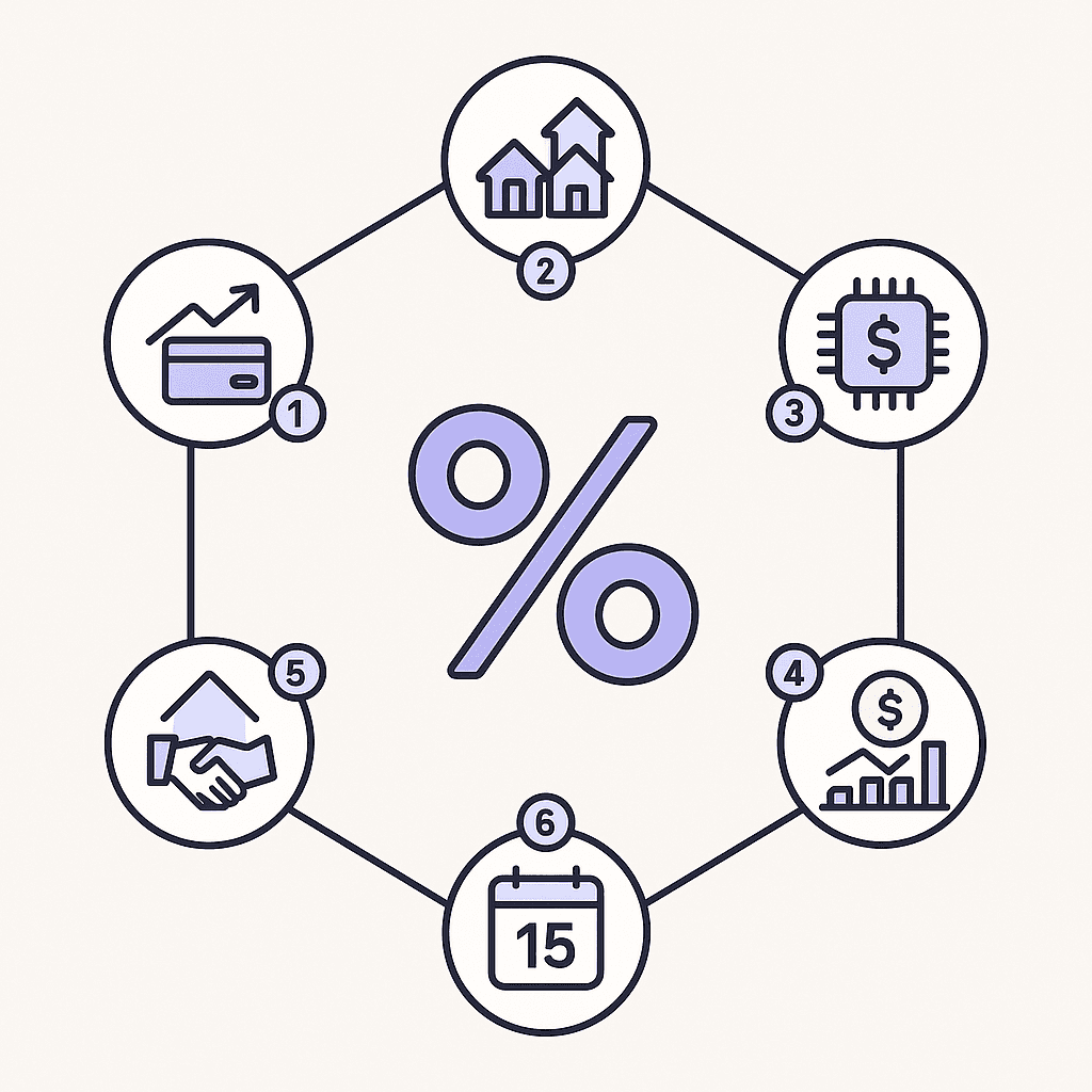 Hexagon flow chart of six icons showing credit boost, lender shopping, AI tool, discount points, 15-year term, and pre- 