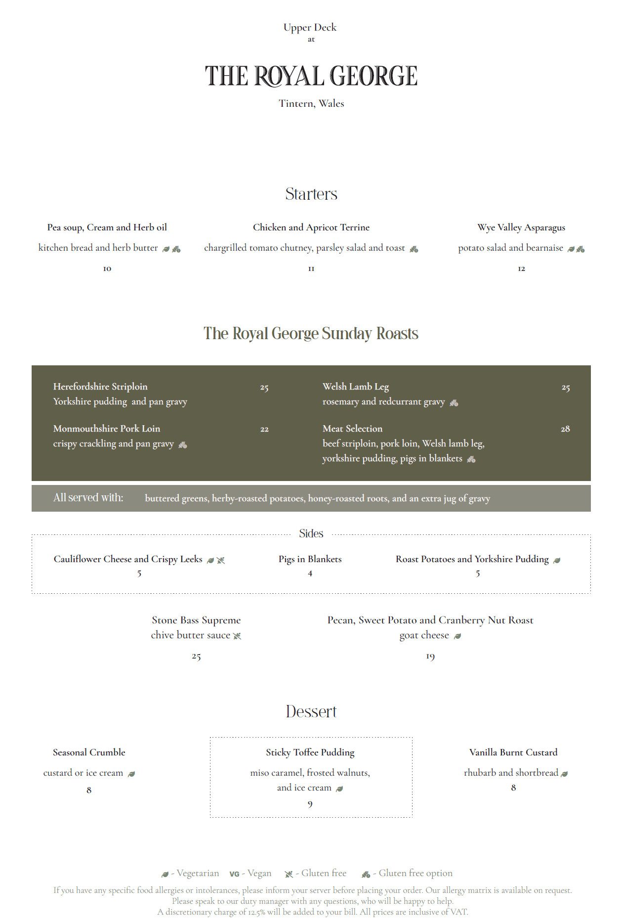 Upper Deck - Sunday Lunch Menu