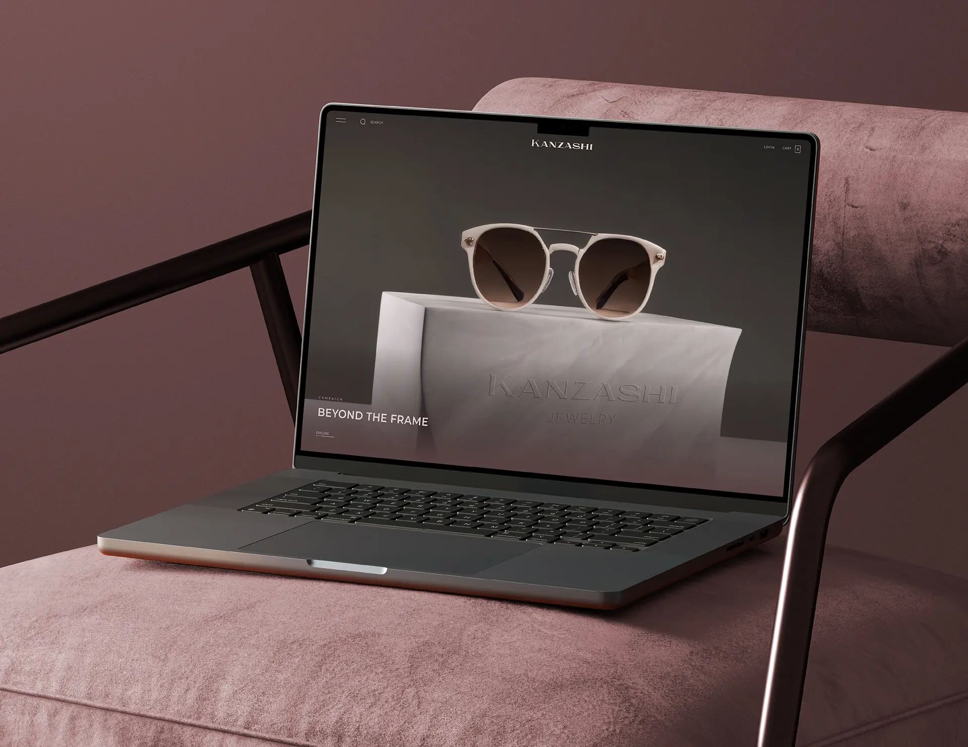 E-commerce website design for Kanzashi Japanese jewelry and accessories brand showing homepage layout on laptop