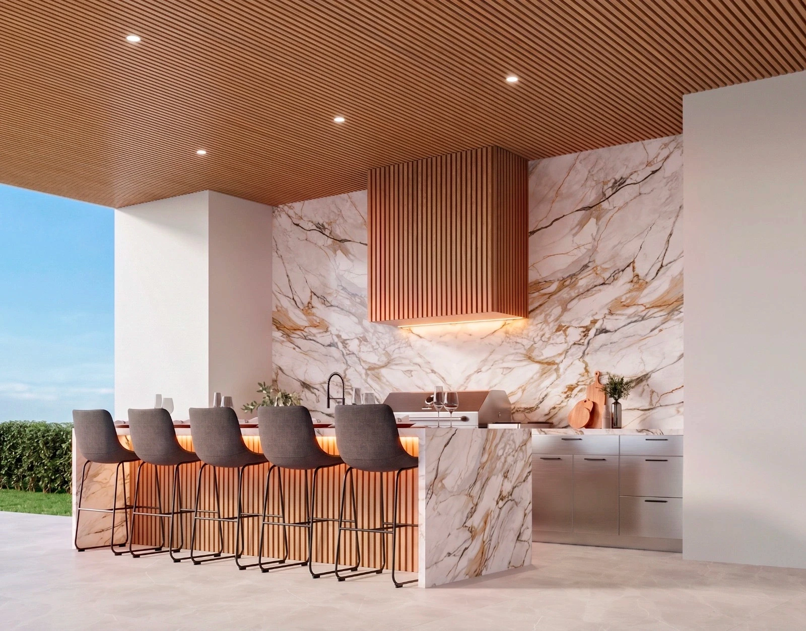 Covered outdoor kitchen with a white and gold-veined marble slab wall and waterfall island, timber slat ceiling and matching slat range hood with warm lighting underneath, five grey upholstered bar stools with black sled bases, fluted wood island front with LED strip lighting, stainless steel grill and cabinetry, and an open side view to blue sky and green hedging.