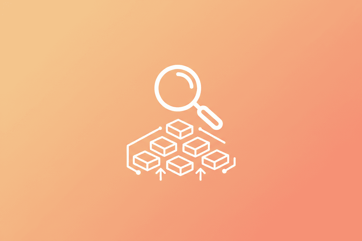 Magnifying glass icon searching data blocks.