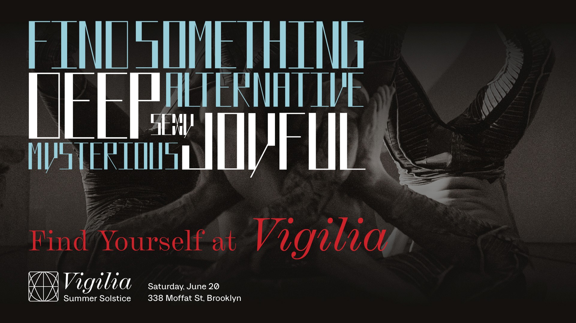 Two aerial performers on silks with hand-drawn white lines and Vigilia lettering