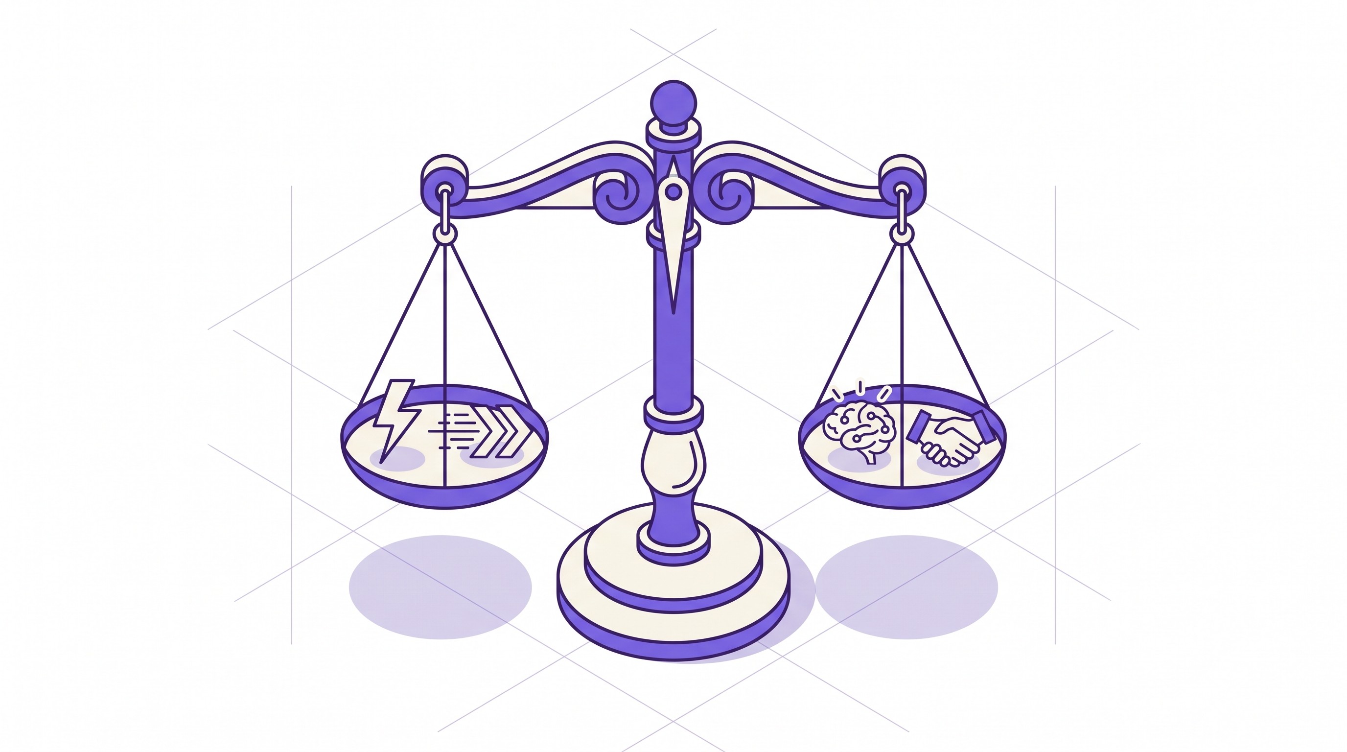Isometric illustration of a balanced scale with speed and lightning icons on one pan and brain and handshake icons on the other, both sides level