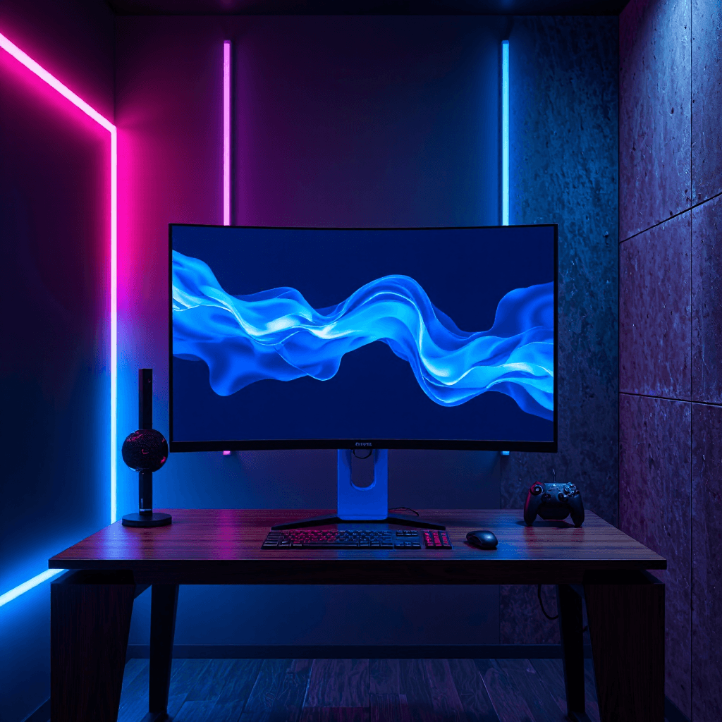 product photography of a desktop computer with an all-in-one design, featuring a large display and integrated speakers