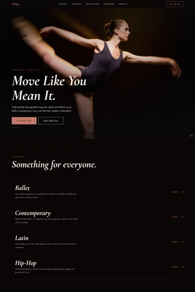 dance studio website prompt — dark near-black and rose copper dance studio website design preview