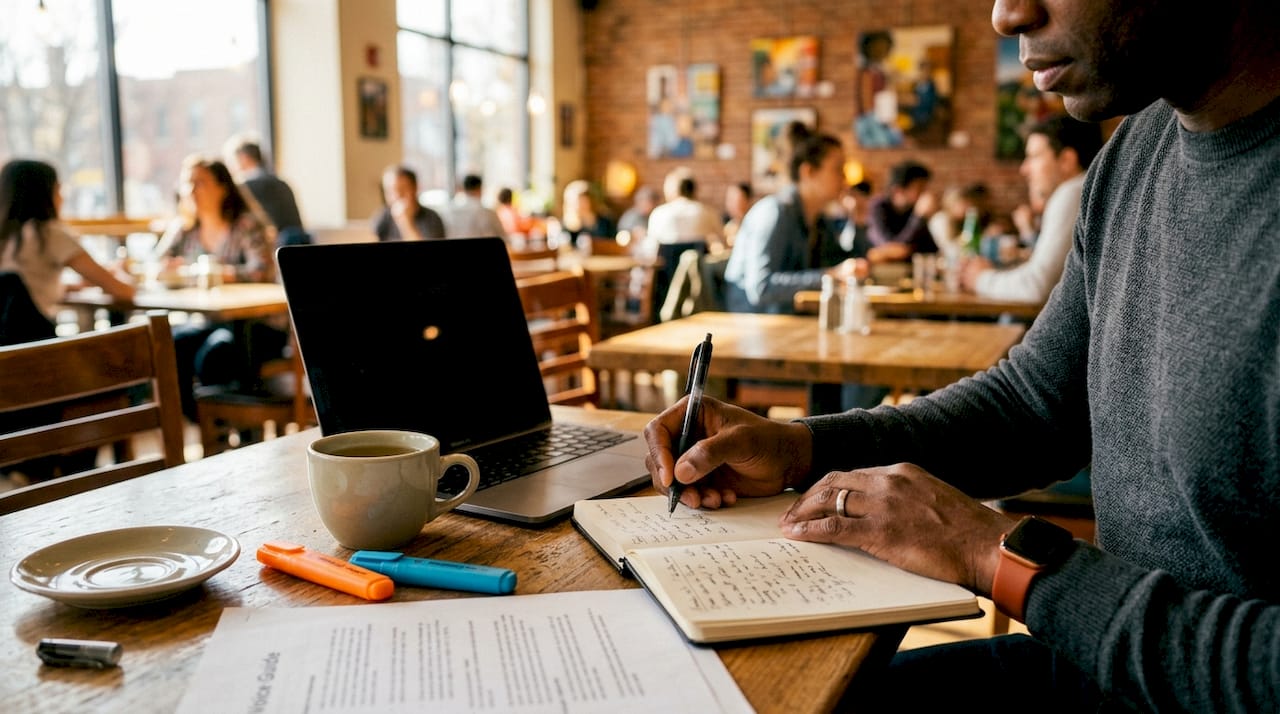 Hands typing with brand guide papers on desk